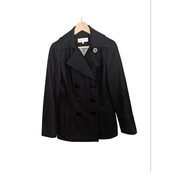 Calvin Klein Coat Womens sz 8 Wool Double Breasted Drk Charcoal Silver Buttons - Picture 1 of 7